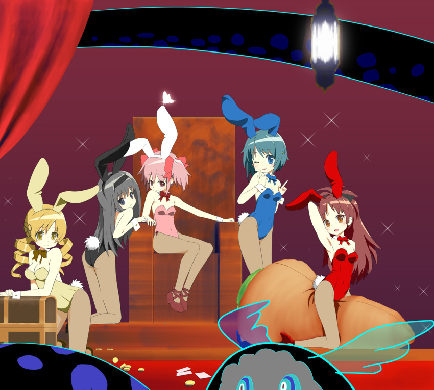 animal_ears black_eyes black_hair blonde_hair blue_eyes blue_hair bowtie brown_hair bunny_ears bunny_tail bunnysuit carrot charlotte_(madoka_magica) detached_collar glenn_(600224) kaname_madoka long_hair mahou_shoujo_madoka_magica miki_sayaka pantyhose pillow pink_hair rabbit_ears red_eyes red_hair redhead ribbon sakura_kyouko short_hair tail throne tomoe_mami wrist_cuffs yellow_eyes