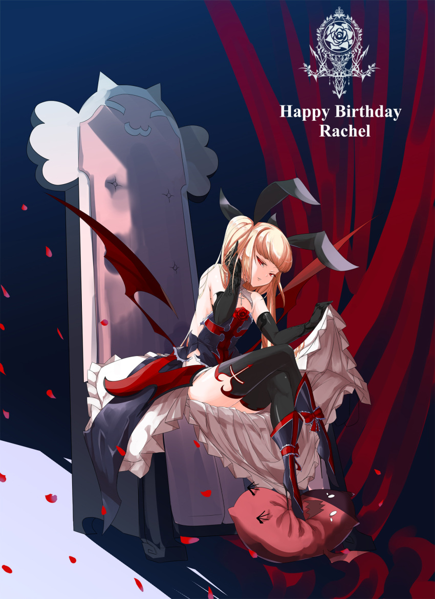 :3 animal_ears bare_shoulders black_gloves black_legwear blazblue blonde_hair bunny_ears character_name cross cross_necklace crossed_legs elbow_gloves flower gii gloves happy_birthday high_heels highres long_hair petals rabbit_ears rachel_alucard red_eyes red_rose rekise rose shoes sitting tears thigh-highs thighhighs throne wings