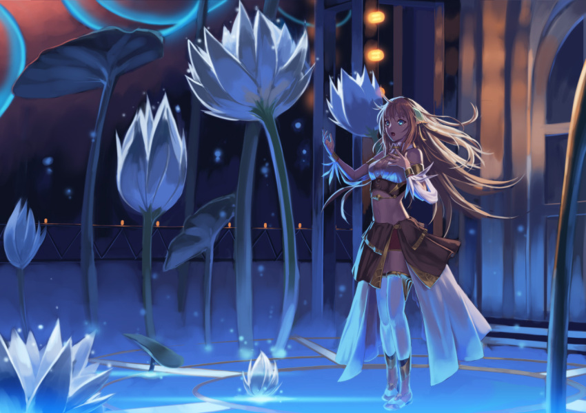 blue_eyes breasts brown_hair ciel_nosurge cleavage flower flowers gust ionasol long_hair mismi open_mouth solo surge_concerto thigh-highs thighhighs white_legwear wrist_cuffs