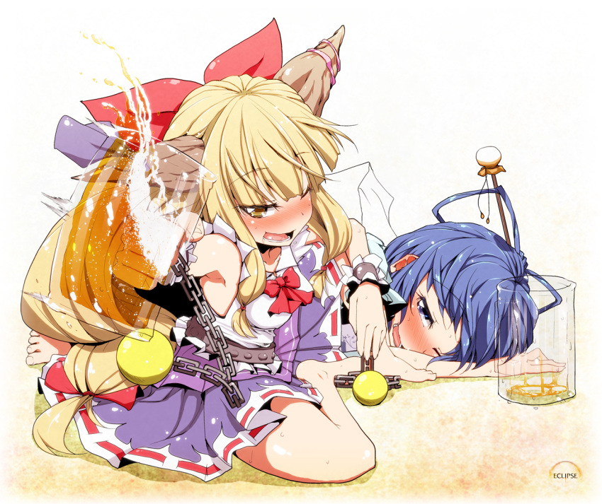 beer blonde_hair blue_eyes blue_hair blush brown_eyes chain cup drunk hair_rings horns ibuki_suika kaku_seiga long_hair mug multiple_girls oborozuki on_floor open_mouth rougetsu_(eclipse) short_hair smile touhou wink wrist_cuffs