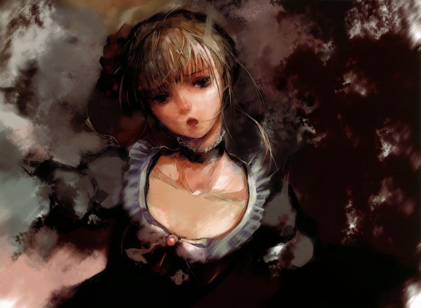 absurdres bangs beatrice blonde_hair blue_eyes bow brooch choker dress face flower frills fuyuno_haruaki hair_flower hair_ornament highres jewelry open_mouth solo umineko_no_naku_koro_ni