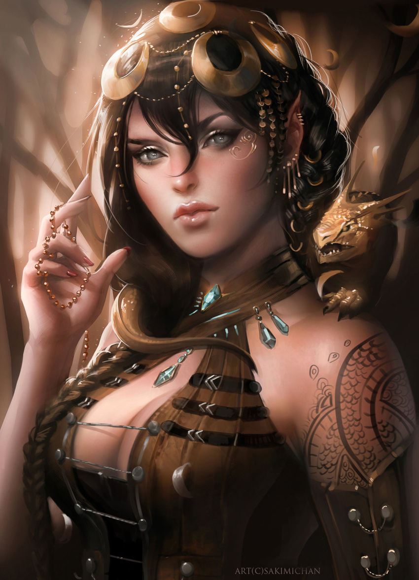 bangs bare_shoulders black_hair braid breasts cleavage dragon earrings elf fantasy fingernails gloss grey_eyes hair_ornament highres jewelry large_breasts long_fingernails long_hair looking_at_viewer makeup nail_polish original pendant pointy_ears sakimichan tattoo watermark