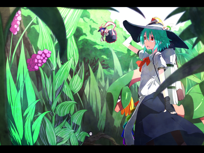 alternate_hair_length alternate_hairstyle arakune backpack bag black_gloves blazblue blue_hair fingerless_gloves flying frog gloves hat highres hinanawi_tenshi ibuki_notsu letterboxed multiple_girls nagae_iku notsugimi plant pokemon purple_hair randoseru red_eyes shawl short_hair touhou tropius