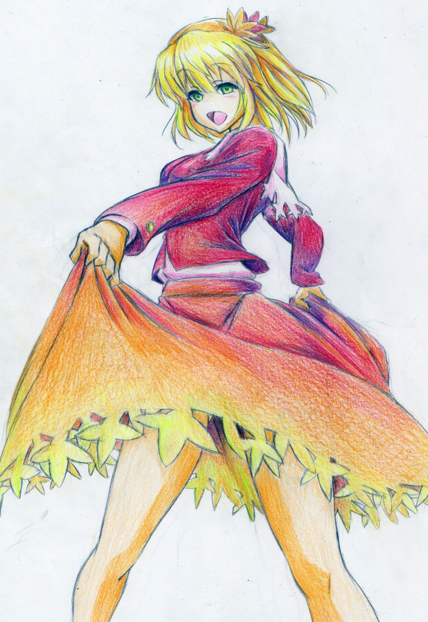 :d aki_shizuha blonde_hair blouse colored_pencil_(medium) curtsey green_eyes hair_ornament happy highres kitazinger laughing leaf legs maple_leaf open_mouth simple_background skirt smile solo touhou traditional_media upskirt white_background