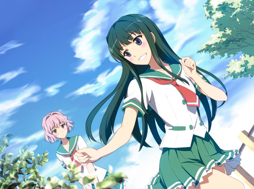blue_eyes blush brown_eyes cloud green_hair grin hanaki_yuka ishigaki_takashi long_hair multiple_girls natsuiro_kiseki necktie pink_hair school_uniform skirt sky smile tamaki_rinko tree