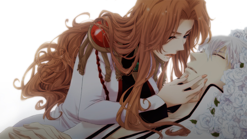 1girl bleach brown_hair closed_eyes crossover eyes_closed flower hand_on_another's_face hand_on_another's_face ichimaru_gin leciel2010 long_hair matsumoto_rangiku mole parody rose shoujo_kakumei_utena tom_(leciel2010) white_hair
