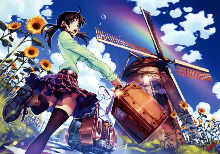 absurdres black_legwear blue_sky boots brown_eyes brown_hair cloud clouds flower frilled_skirt highres looking_back low_twintails original rainbow scenery skirt sky smile solo suitcase sunflower thigh-highs thighhighs train vania600 windmill