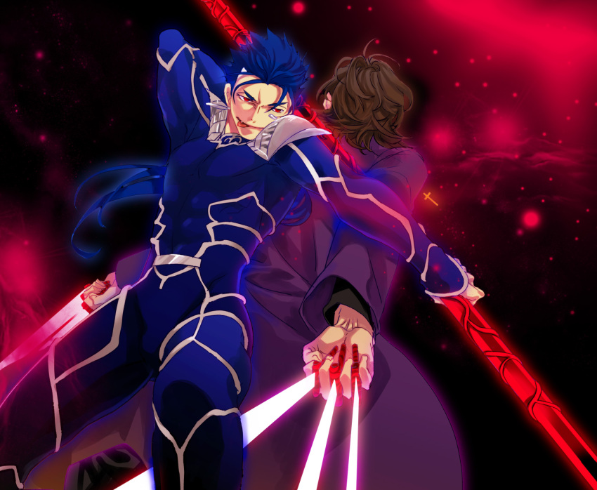 back-to-back black_keys brown_hair cross fate/stay_night fate_(series) gae_bolg hali highres kotomine_kirei lancer long_coat long_hair male multiple_boys polearm ponytail red_eyes spear weapon