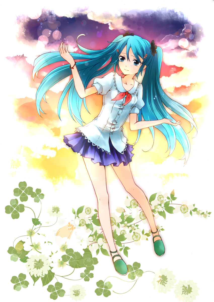 absurdres aqua_eyes aqua_hair chaos966 cloud clouds clover four-leaf_clover hair_ornament hairclip hatsune_miku highres long_hair musical_note scrunchie skirt sky solo tears twintails vocaloid