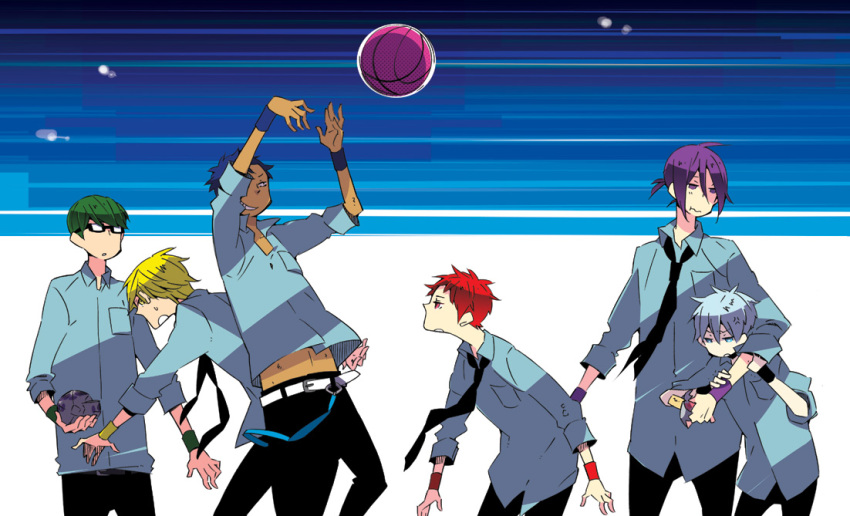 akashi_seijuurou aomine_daiki basketball belt blonde_hair blue_eyes blue_hair dark_skin food glasses green_hair hug kise_ryouta kuroko_no_basuke kuroko_tetsuya male midorima_shintarou multiple_boys murasakibara_atsushi navel necktie open_mouth purple_hair red_hair redhead school_uniform seashell shell short_hair sky smile sweat throwing wristband yellow_eyes