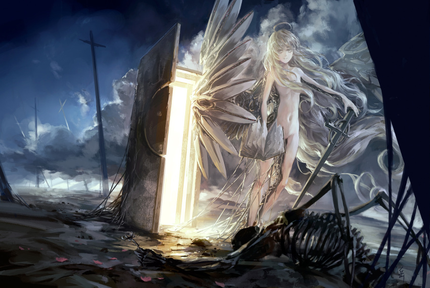 angel archlich blonde_hair book door highres long_hair navel nude original skeleton sky sword very_long_hair weapon wings yellow_eyes