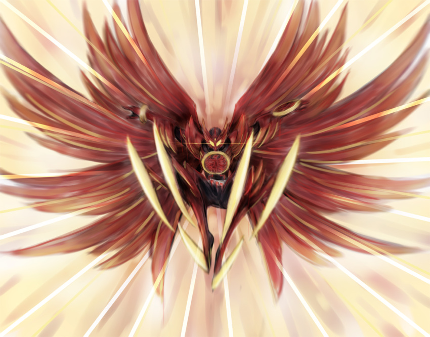 1boy belt glowing glowing_eyes kamen_rider kamen_rider_ooo kamen_rider_ooo_(series) male musclecar o_medal outstretched_arms pov solo speed_lines spread_arms taja_spinner tajador_(ooo_combo) talons wings