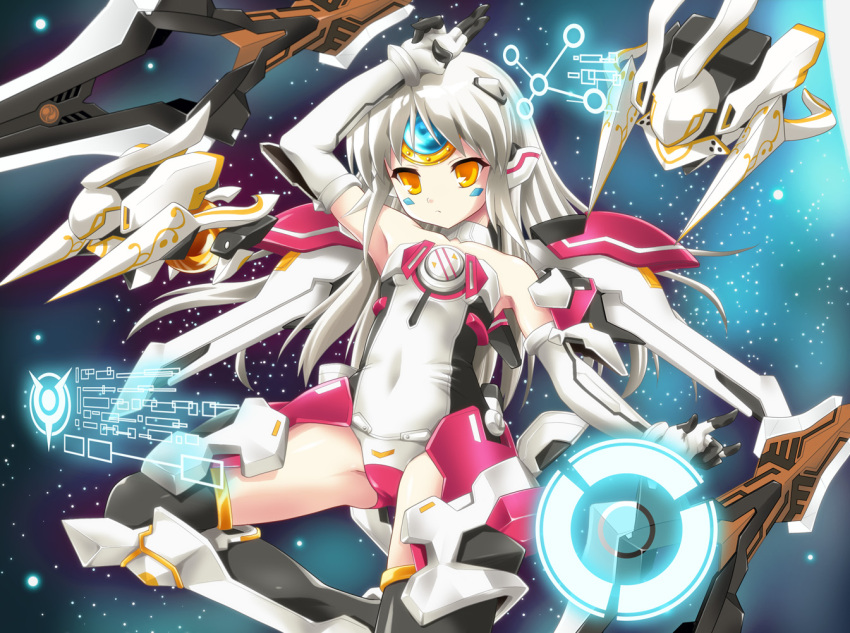 arm_up elsword eve_(elsword) expressionless forehead_jewel gloves leotard long_hair mecha_musume robot solo thigh-highs thighhighs white_hair yellow_eyes yukuruu