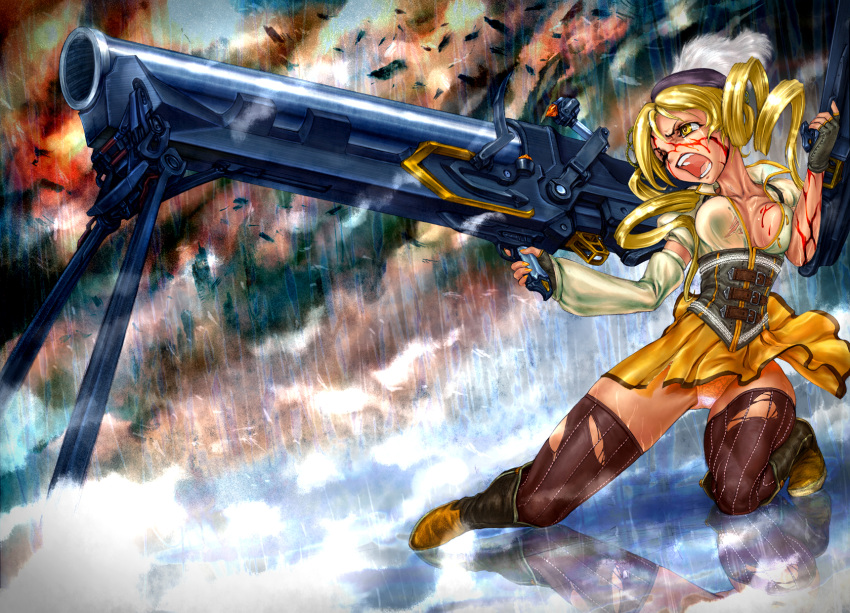 beret blonde_hair blood boots breast_squeeze breasts cleavage corset crow_bone detached_sleeves dual_wielding fingerless_gloves gloves gun hair_ornament hat highres huge_weapon kneeling large_breasts magical_girl mahou_shoujo_madoka_magica open_clothes open_mouth open_shirt panties pantyshot pleated_skirt rain reflection skirt solo thigh-highs thighhighs tomoe_mami torn_clothes torn_shirt torn_skirt torn_thighhighs underwear weapon wink yellow_eyes