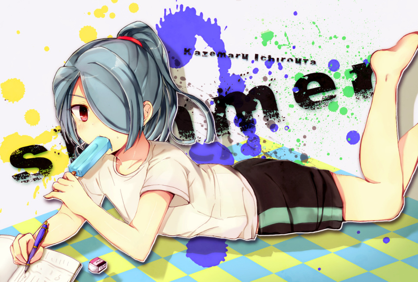 blue_hair eraser hair_over_one_eye hasami_howa inazuma_eleven inazuma_eleven_(series) inazuma_eleven_go kazemaru_ichirouta lying male mouth_hold on_stomach pencil ponytail popsicle red_eyes short_hair shorts solo writing