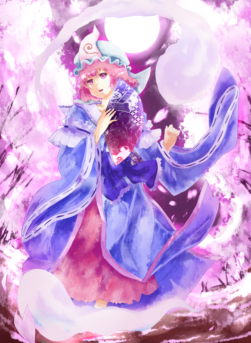 absurdres cherry_blossoms fan folding_fan full_moon goshoguruma hat highres hitodama japanese_clothes moon moyasinobaka9627 open_mouth petals pink_eyes pink_hair saigyouji_yuyuko saigyouji_yuyuko's_fan_design saigyouji_yuyuko's_fan_design shippou_(pattern) short_hair solo touhou triangular_headpiece