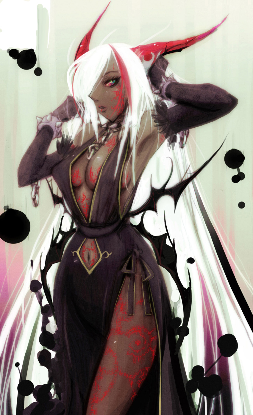 breasts cleavage dark_skin demon_girl devil dress funakura hair_over_one_eye highres horns long_hair multicolored_eyes navel original spikes tail tattoo very_long_hair white_hair