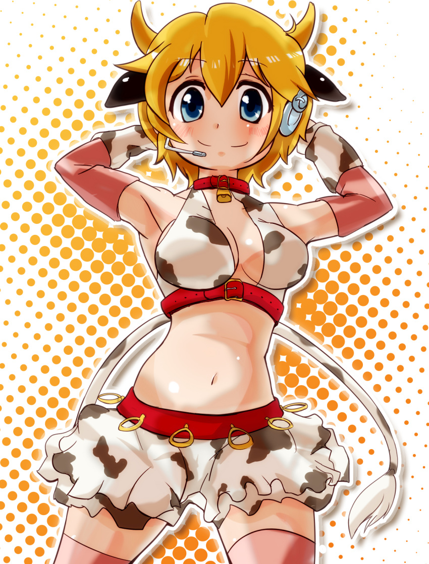 animal_ears blonde_hair blue_eyes cosplay cow_ears cow_print cow_tail funen headset highres horns idolmaster idolmaster_cinderella_girls lucky_star microphone navel oikawa_shizuku oikawa_shizuku_(cosplay) patricia_martin short_hair solo tail thigh-highs thighhighs