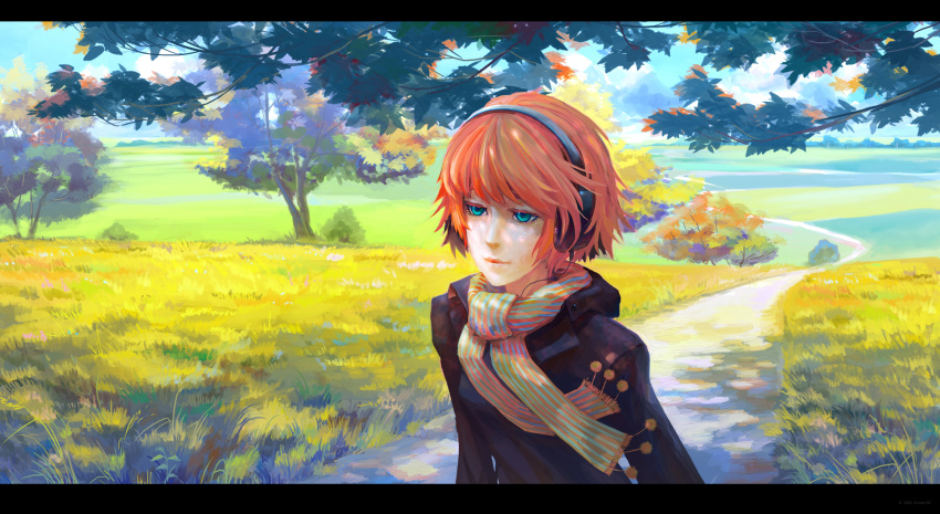 arsenixc autumn grass green_eyes headphones orange_hair original scarf tree