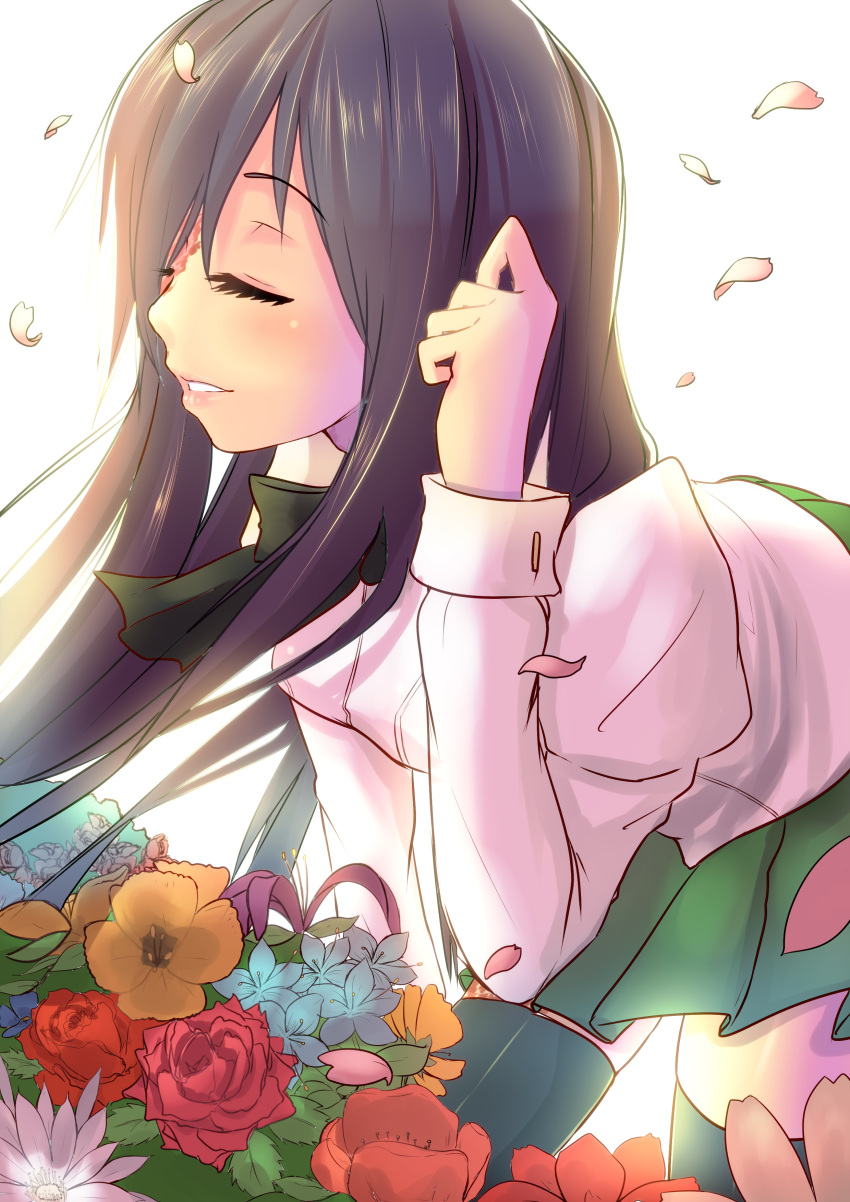 absurdres bent_over closed_eyes eyelashes eyes_closed flower green_legwear hair_over_one_eye highres ikezawa_hanako katawa_shoujo lips long_hair magister_(bigbakunyuu) petals pleated_skirt scar school_uniform shirt skirt smile solo thigh-highs thighhighs wind zettai_ryouiki