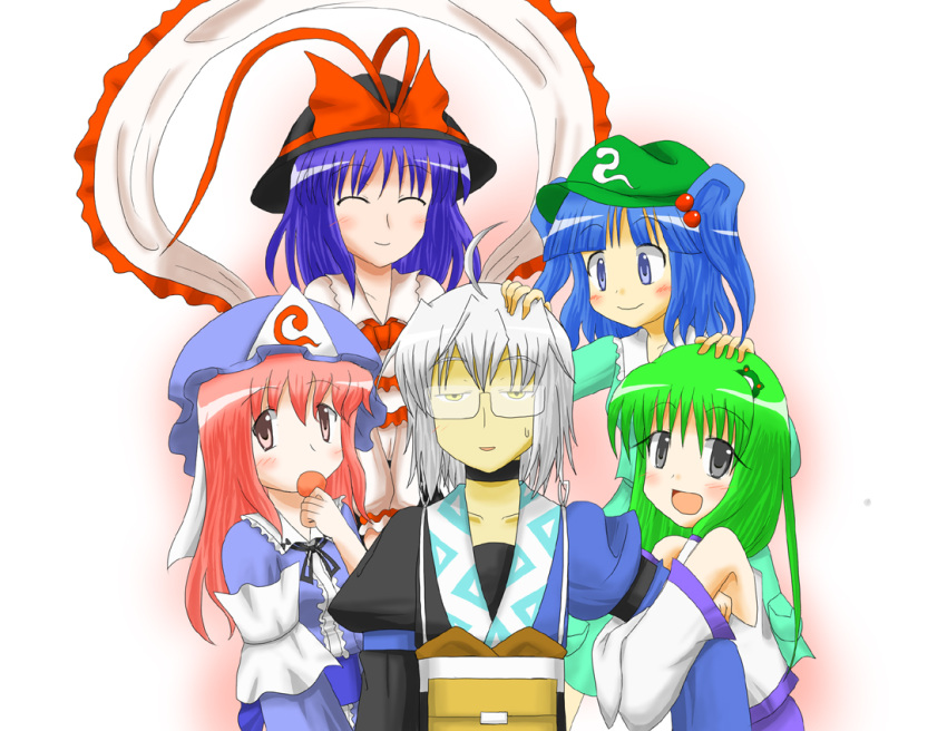 4girls ahoge arm_grab blue_eyes blush bow closed_eyes collarbone detached_sleeves eating eyes_closed food frog glasses green_hair grey_eyes hair_bobbles hair_ornament hair_tubes hat hat_bow japanese_clothes kappa kawashiro_nitori kochiya_sanae long_hair miko morichika_rinnosuke multiple_girls nagae_iku open_mouth pink_eyes pink_hair pouch purple_hair saigyouji_yuyuko short_hair silver_hair sweatdrop touhou twintails umihara yellow_eyes