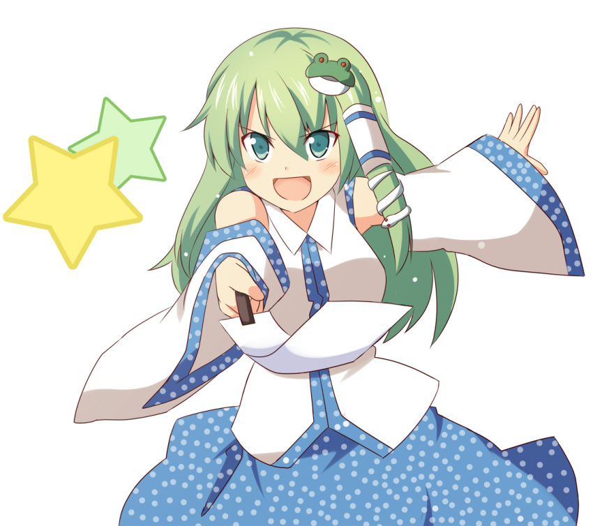 bad_id be_(o-hoho) blush_stickers detached_sleeves frog_hair_ornament gohei green_eyes green_hair hair_ornament hair_tubes kochiya_sanae light_particles long_hair looking_at_viewer open_hand open_mouth outstretched_arms pov simple_background skirt snake solo star teeth touhou vest white_background wide_sleeves