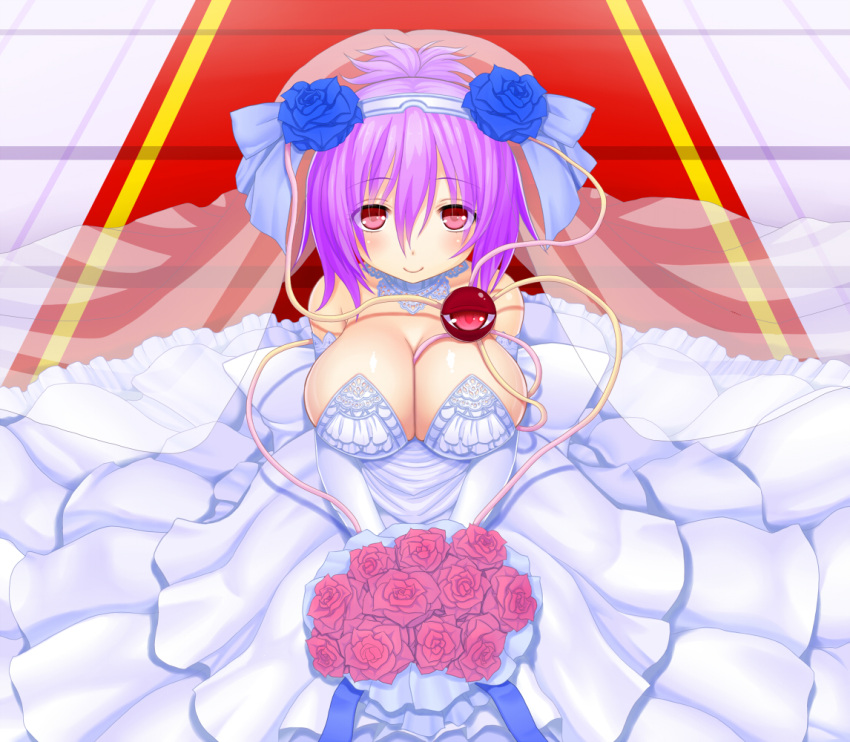 asamura_hiori bare_shoulders blue_rose bouquet breasts cleavage dress flower huge_breasts kneeling komeiji_satori large_breasts looking_at_viewer pink_eyes purple_hair rose short_hair smile solo third_eye touhou veil wedding_dress