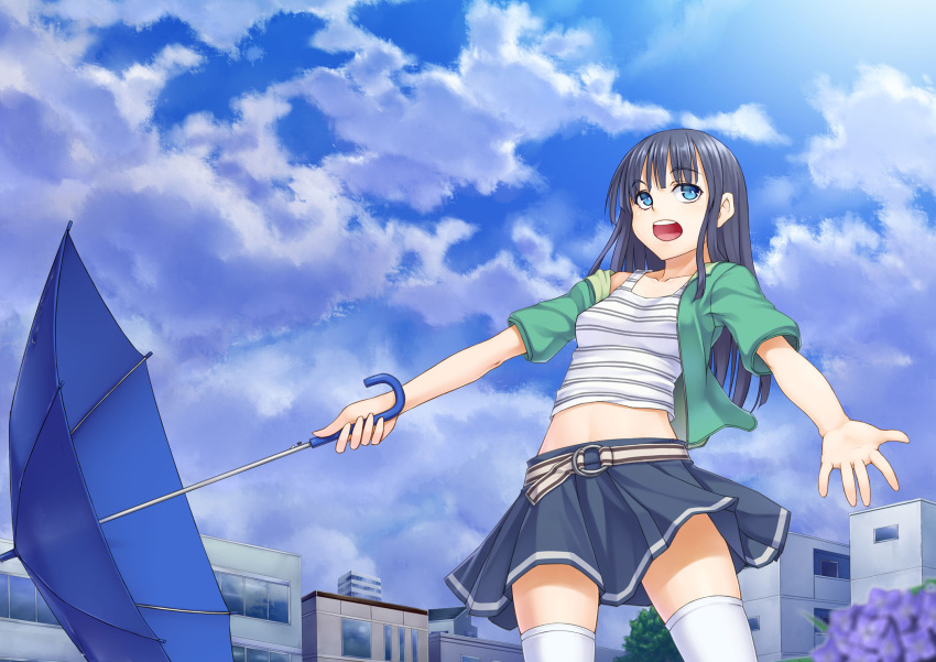 :o belt black_hair blue_eyes blue_sky blurry breasts building cloud clouds collarbone depth_of_field flower from_below highres jacket kasei_(xyz) long_hair midriff off_shoulder open_hand open_mouth original outstretched_arms pleated_skirt skirt sky solo spread_arms tank_top teeth thigh-highs thighhighs umbrella white_legwear