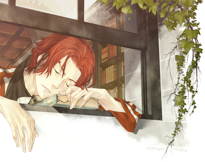 book closed_eyes eyes_closed gensou_suikoden gensou_suikoden_ii kaburaya male plant red_hair redhead seed_(suikoden) short_hair sleeping window