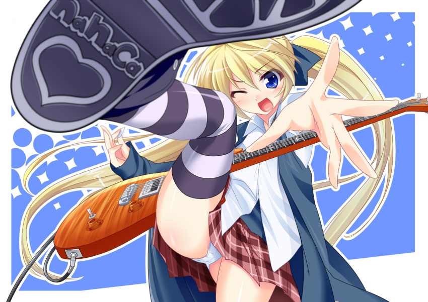 blue_eyes guitar instrument mtu open_mouth original panties pantyshot skirt striped striped_legwear thighhighs twintails underwear wink