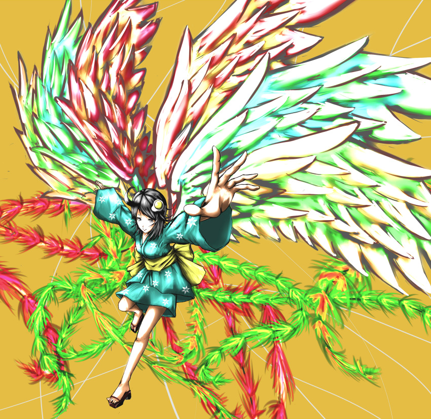 absurdres ahoge araragi_tsukihi black_eyes black_hair fried_egg hair_ornament highres japanese_clothes kimono monogatari_(series) nisemonogatari short_hair solo uwan_(akanome) wings