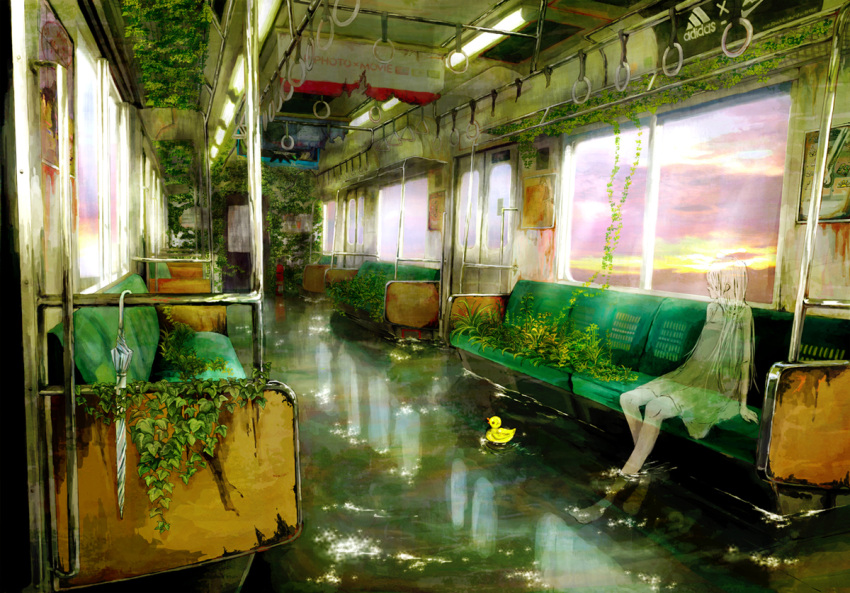 barefoot bird clouds duck flower ghost long_hair lyricism3710 original overgrown plant ruins scenery see-through sky soaking_feet sunset train train_interior umbrella vines water