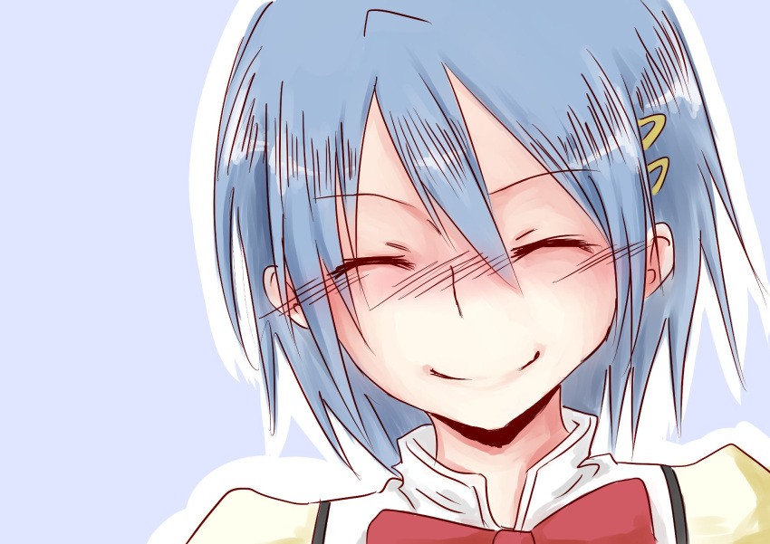 blue_background blue_hair bow closed_eyes eyes_closed hair_ornament highres mahou_shoujo_madoka_magica miki_sayaka school_uniform short_hair simple_background smile solo torchic255
