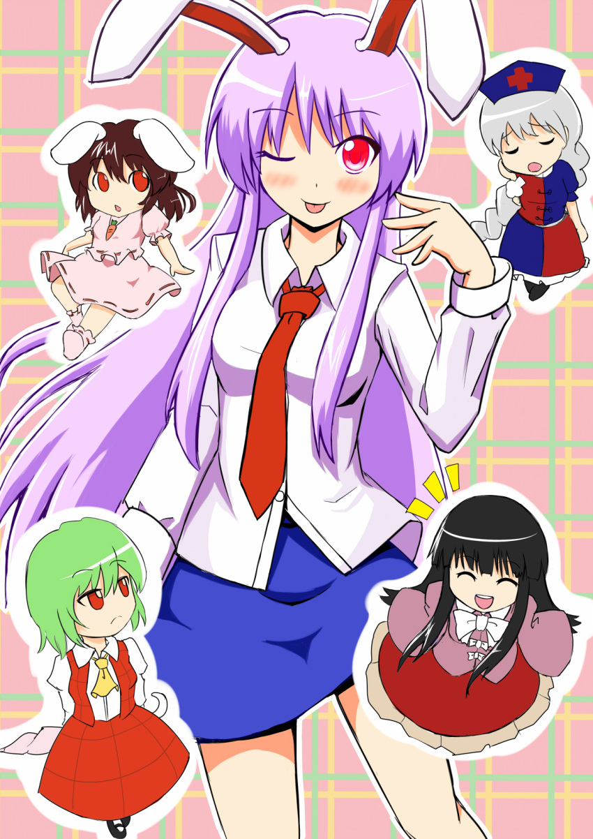 :p animal_ears black_hair blush bow braid breasts bunny_ears carrot dress dress_shirt green_hair highres houraisan_kaguya inaba_tewi jewelry kazami_yuuka long_hair multiple_girls necklace necktie open_mouth plaid purple_hair rabbit_ears red_eyes reisen_udongein_inaba shirt sigh silver_hair skirt thekoba tongue touhou umbrella wink yagokoro_eirin youkai