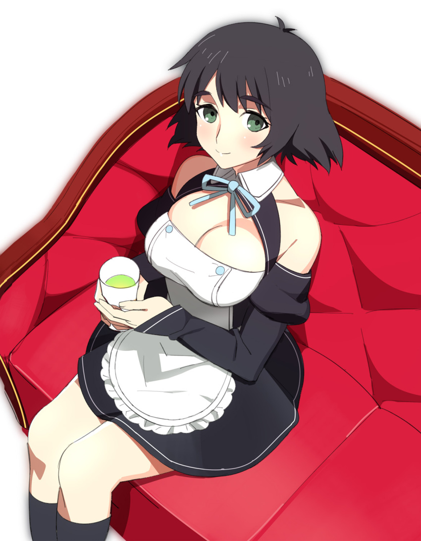 alternate_costume apron black_hair breasts center_opening cleavage cosplay cup detached_sleeves dream_c_club dress enmaided green_eyes highres large_breasts maid parody shiina_mayuri short_hair sitting smile solo steins;gate suyoko
