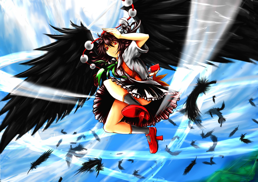 absurdres black_hair black_wings fan feathers hat highres leaf maple_leaf red_eyes shameimaru_aya short_hair skirt solo tokin_hat touhou uwan_(akanome) wind wings