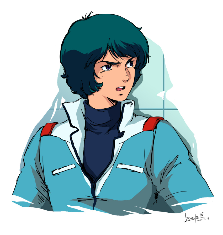 annoyed aqua_hair blue_eyes bust dated gundam highres jacket kamille_bidan kazuto_mitsurugi male open_mouth signature solo zeta_gundam
