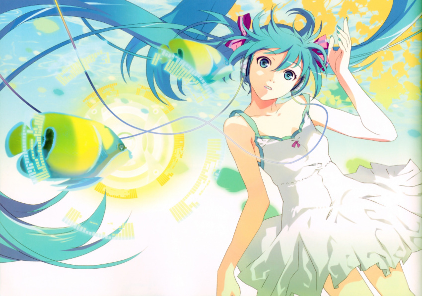 blue_eyes blue_hair dress hatsune_miku headphones long_hair twintails vocaloid