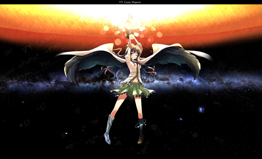 aiba_kou arm_cannon arm_up black_hair black_wings blush bow cape hair_bow highres long_hair red_eyes reiuji_utsuho skirt smile solo third_eye touhou weapon wings wink