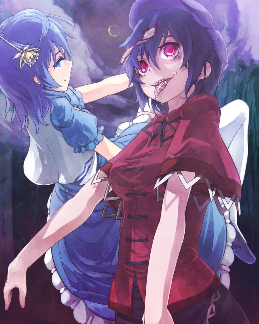 black_hair blue_eyes blue_hair crescent_moon dress hair_rings hair_stick hat highres ibuki_notsu kaku_seiga miyako_yoshika moon multiple_girls notsugimi ofuda purple_hair red_eyes sharp_teeth short_hair smile tongue tongue_out touhou vest