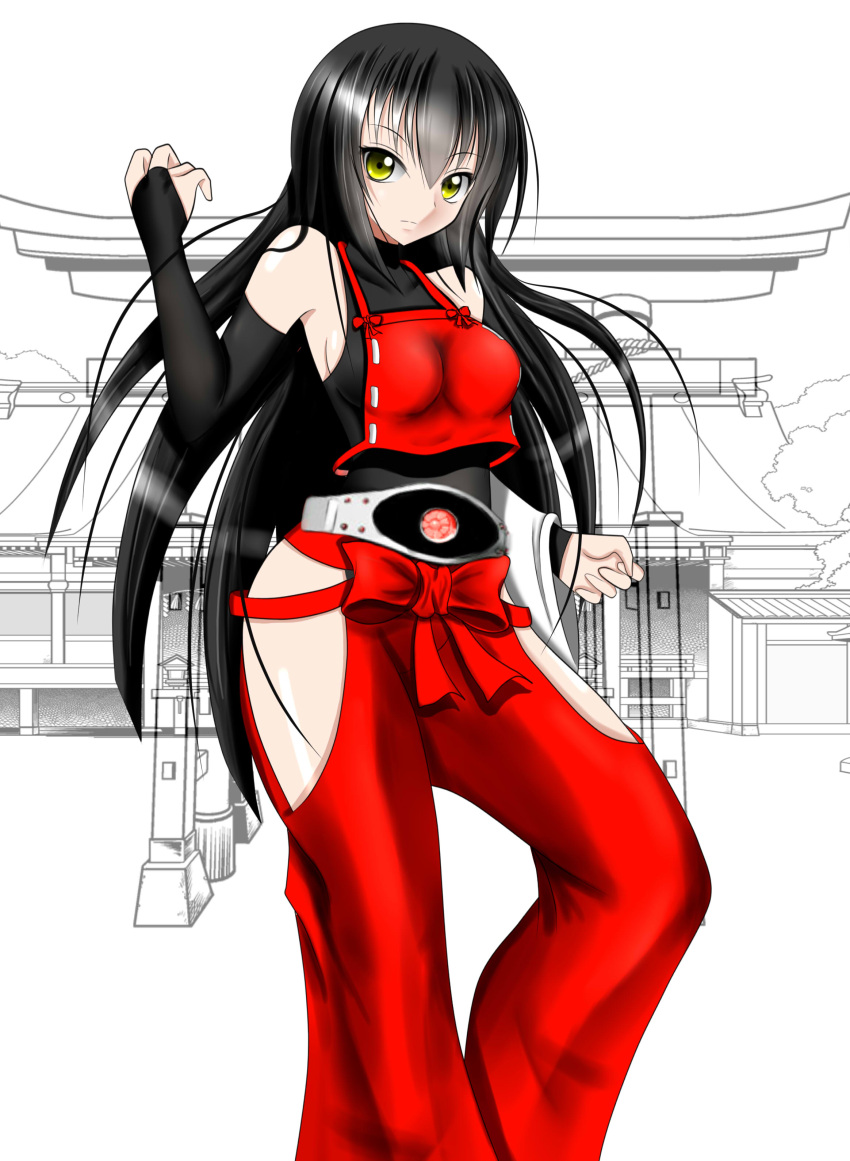 absurdres belt black_hair bridal_gauntlets female hakama hakurei_miko highres japanese_clothes kamen_rider leotard long_hair m.u.g.e.n miko nontraditional_miko sakura_kyuma shrine solo torii touhou yellow_eyes