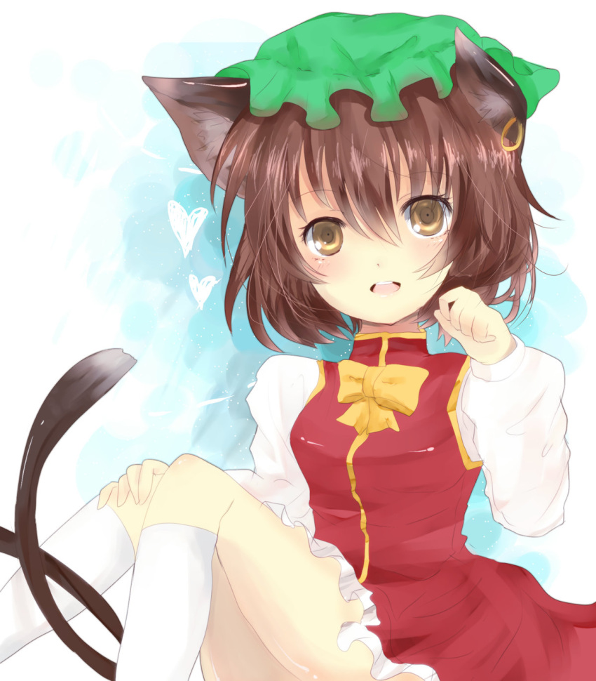 animal_ears brown_eyes brown_hair cat_ears cat_tail chen earrings heart highres jewelry kneehighs looking_at_viewer multiple_tails sitting solo soui_utama tail touhou white_legwear