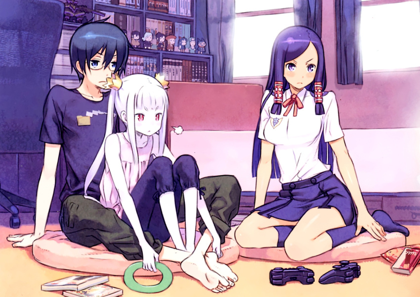 >:( 2girls :< barefoot black_hair blue_eyes character_request controller dress_shirt dualshock game_controller gamepad glasses halo highres indoors kneehighs kuroboshi_kouhaku long_hair mikanagi_rin multiple_girls nanashiki_yuuto no_socks palette_(character) pink_hair pocky purple_eyes red_eyes shirt short_hair sitting violet_eyes yumeiro_happy_end