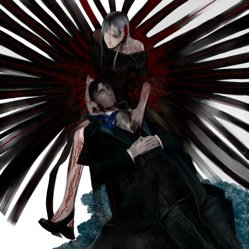 1girl bad_id bare_shoulders blue_eyes dark_persona dark_sakura dress facial_hair fate/stay_night fate/zero fate_(series) father_and_daughter formal gloves goatee hair_ribbon highres long_hair matou_sakura pampa ribbon slippers suit time_paradox tohsaka_tokiomi toosaka_tokiomi white_hair