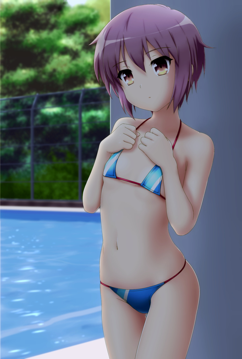akahige bare_shoulders bikini flat_chest hands_on_own_chest highres nagato_yuki navel pool poolside purple_hair short_hair solo string_bikini suzumiya_haruhi_no_shoushitsu suzumiya_haruhi_no_yuuutsu swimsuit yellow_eyes