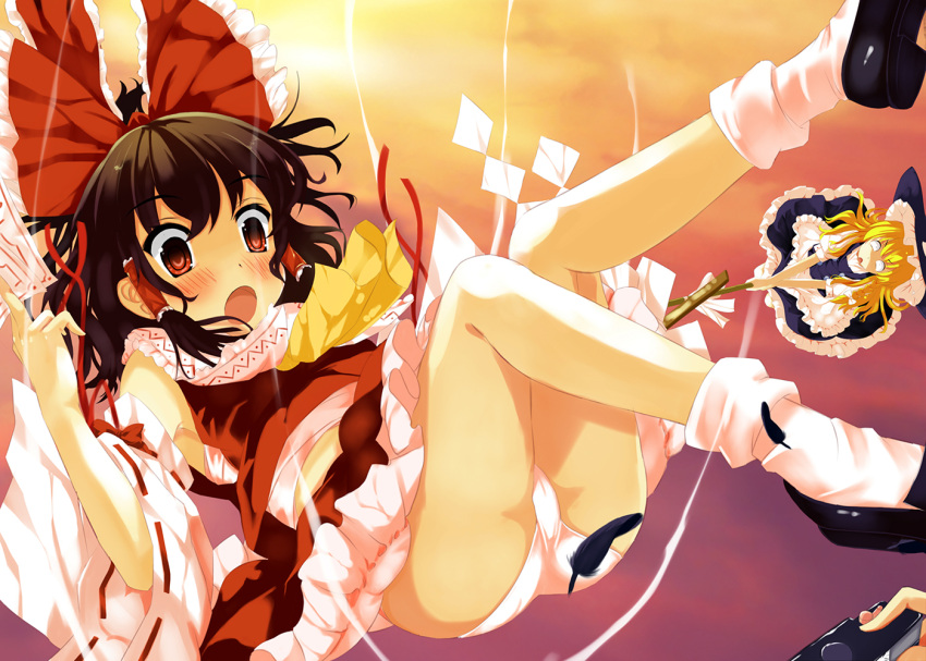 ascot blonde_hair blush bow broom brown_hair camera feathers gohei hair_bow hair_tubes hakurei_reimu hat kirisame_marisa long_hair moebaka multiple_girls ofuda open_mouth panties red_eyes sarashi shameimaru_aya touhou underwear white_panties