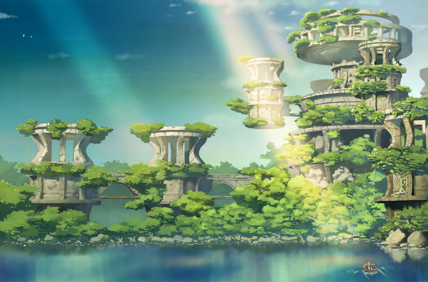 blue_sky boat forest lake light_rays nature original overgrown ruins scenery sky source_request sunbeam sunlight tree water