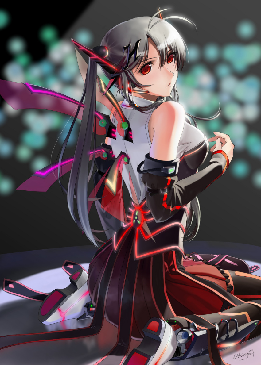 absurdres antenna_hair bare_shoulders black_hair breasts detached_sleeves highres light_smile long_hair looking_back mecha_musume neon_trim okingjo original red_eyes signature sitting skirt solo twintails wariza wings