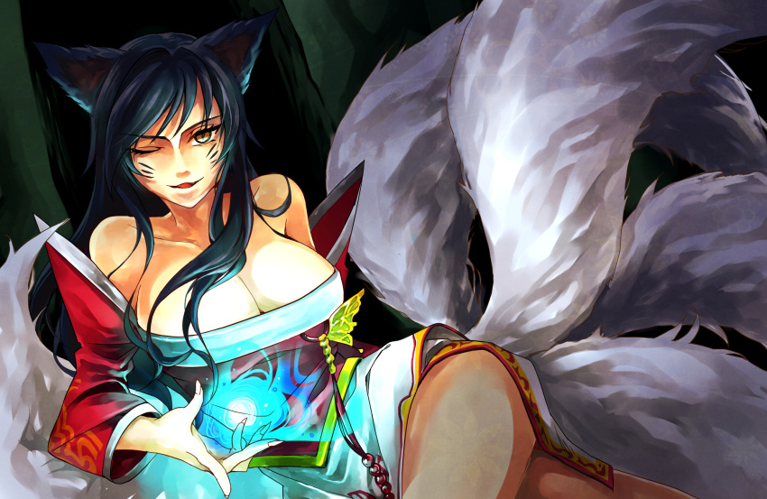 ahri animal_ears black_hair breasts brown_eyes cleavage energy_ball facial_mark fox_ears fox_tail highres large_breasts league_of_legends long_hair multiple_tails solo strawkiwi tail wink