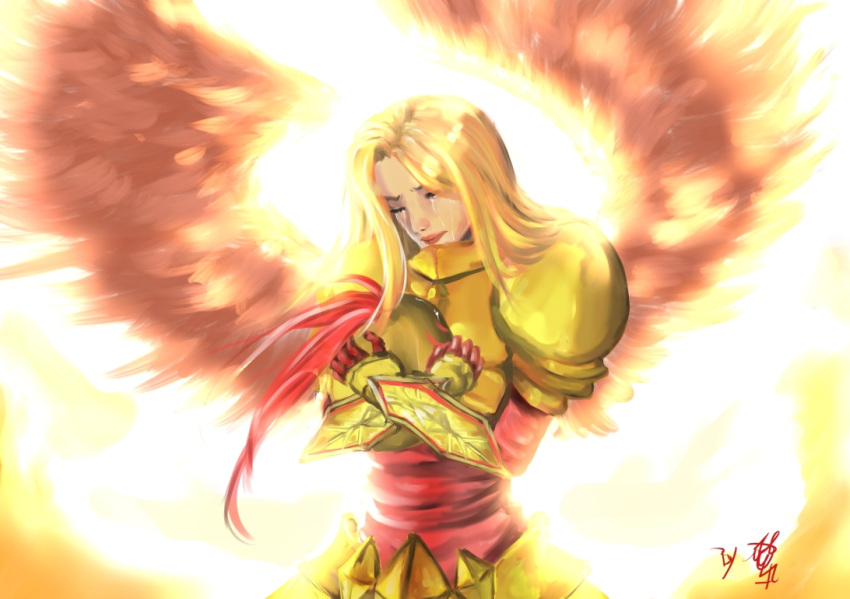 angel armor blonde_hair closed_eyes demoncat eyes_closed headwear_removed helmet helmet_removed kayle league_of_legends long_hair solo tears wings